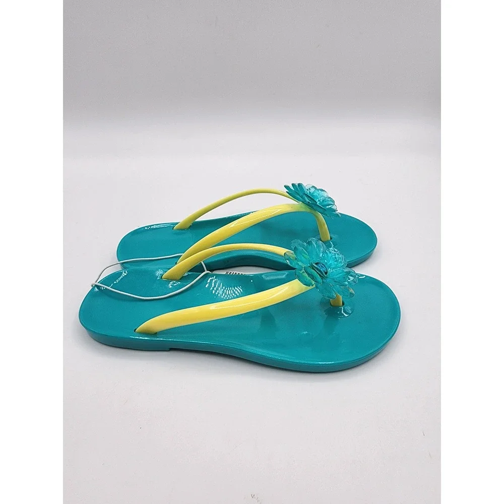 Sea Turquoise Yellow Flower Jelly Flip Flop Sandals Size 12